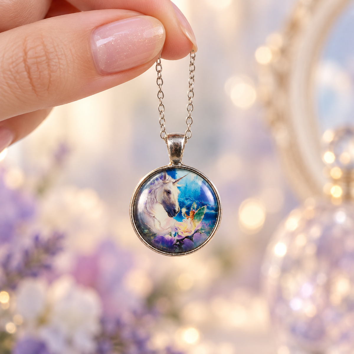 A hand with manicured nails holds a silver chain necklace with a round pendant featuring a colorful fantasy illustration of a white unicorn against a blue and purple background.