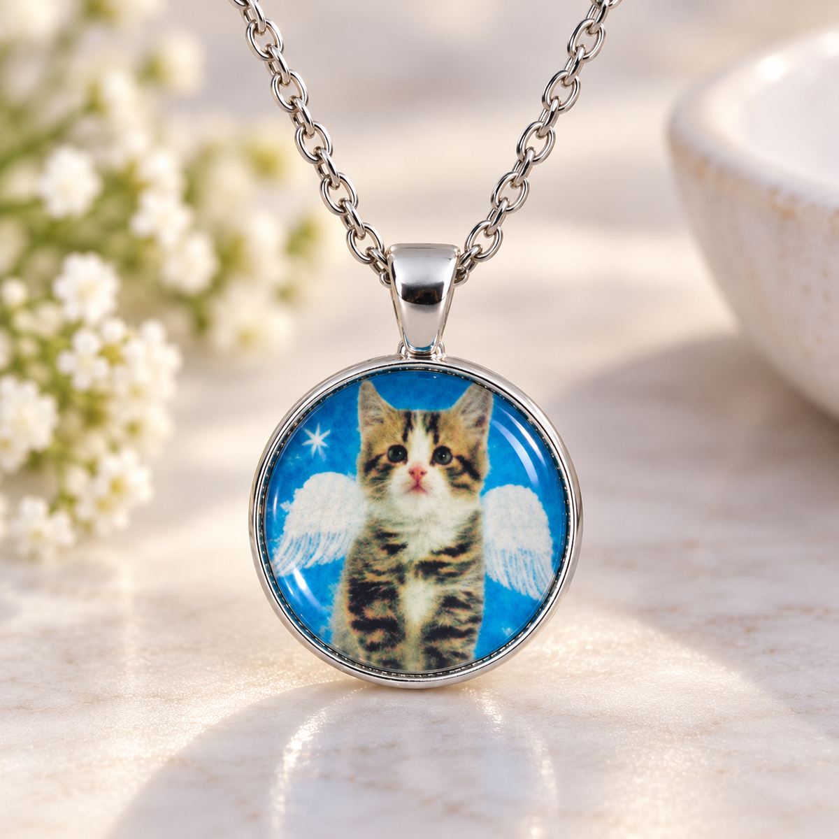A silver pendant necklace featuring a round glass cabochon with a printed image of a cute tabby kitten with angel wings on a blue background, displayed on a light marble surface with soft-focus white flowers.