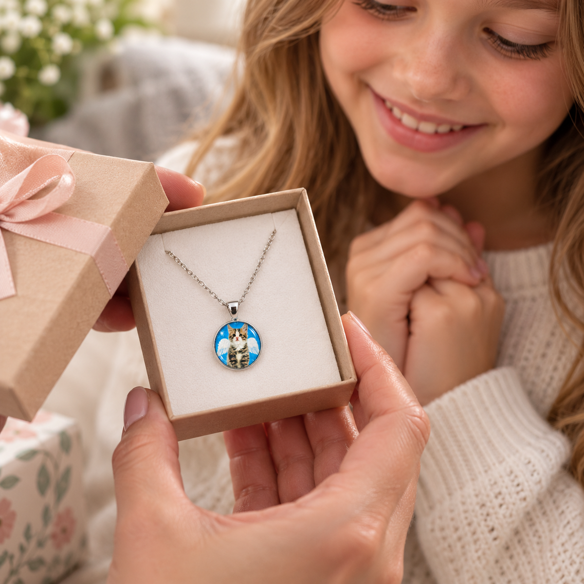 A close-up lifestyle shot of a person holding an open gift box that displays a silver necklace with a round pendant featuring a colorful cartoon cat illustration. The person is smiling and looking at the necklace, with a soft, blurred indoor background.