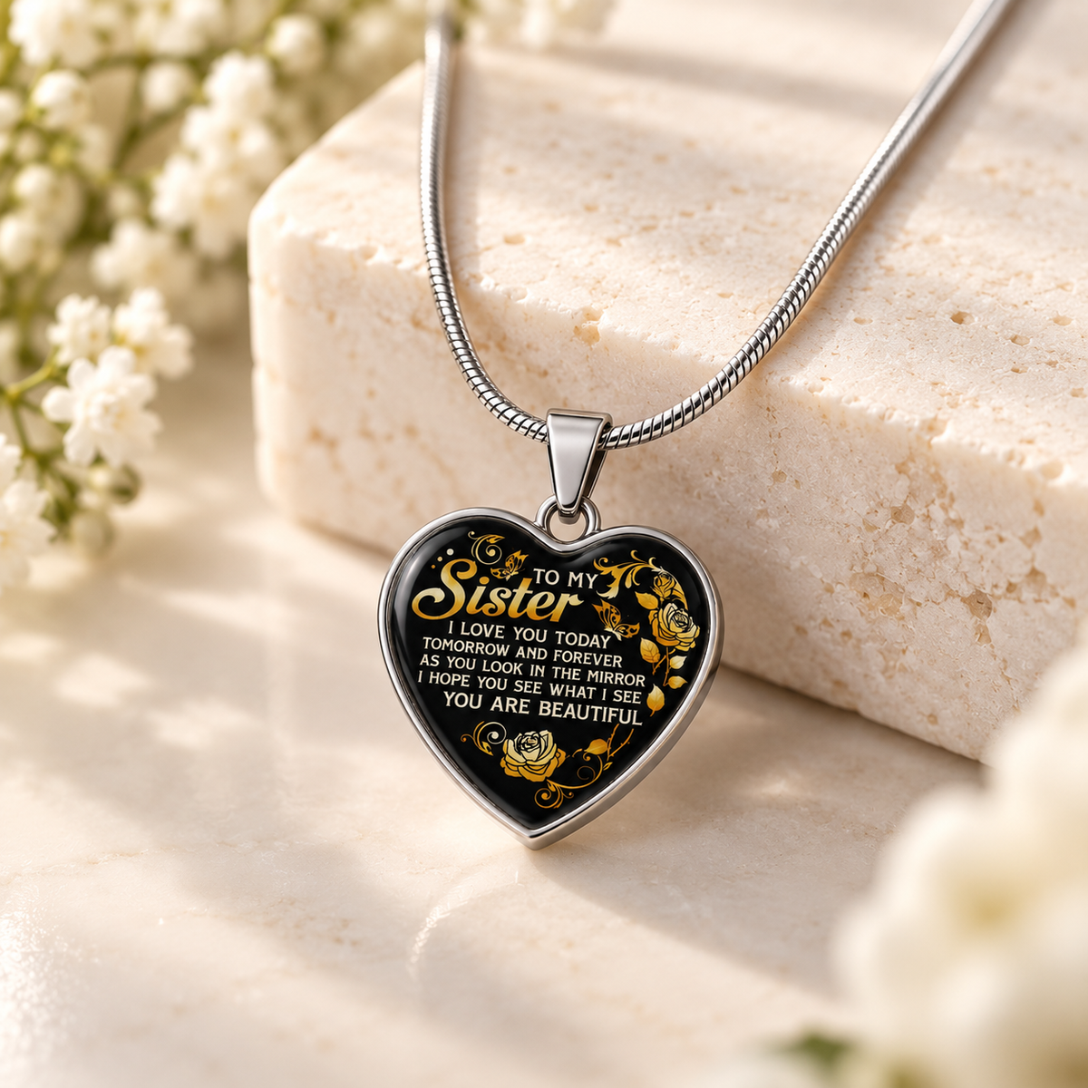 A heart-shaped pendant necklace with a silver-toned chain, resting on a light beige stone block. The pendant has a black background with gold floral details and a printed message that reads, 'To My Sister I Love You Today Tomorrow and Forever As You Leave The Prince I Hope You See What You Are Beautiful.