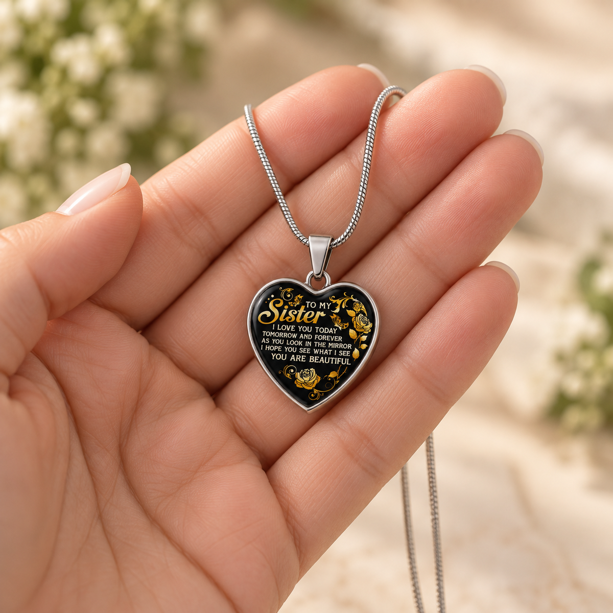 image of a hart necklace with a beautiful message to a sister