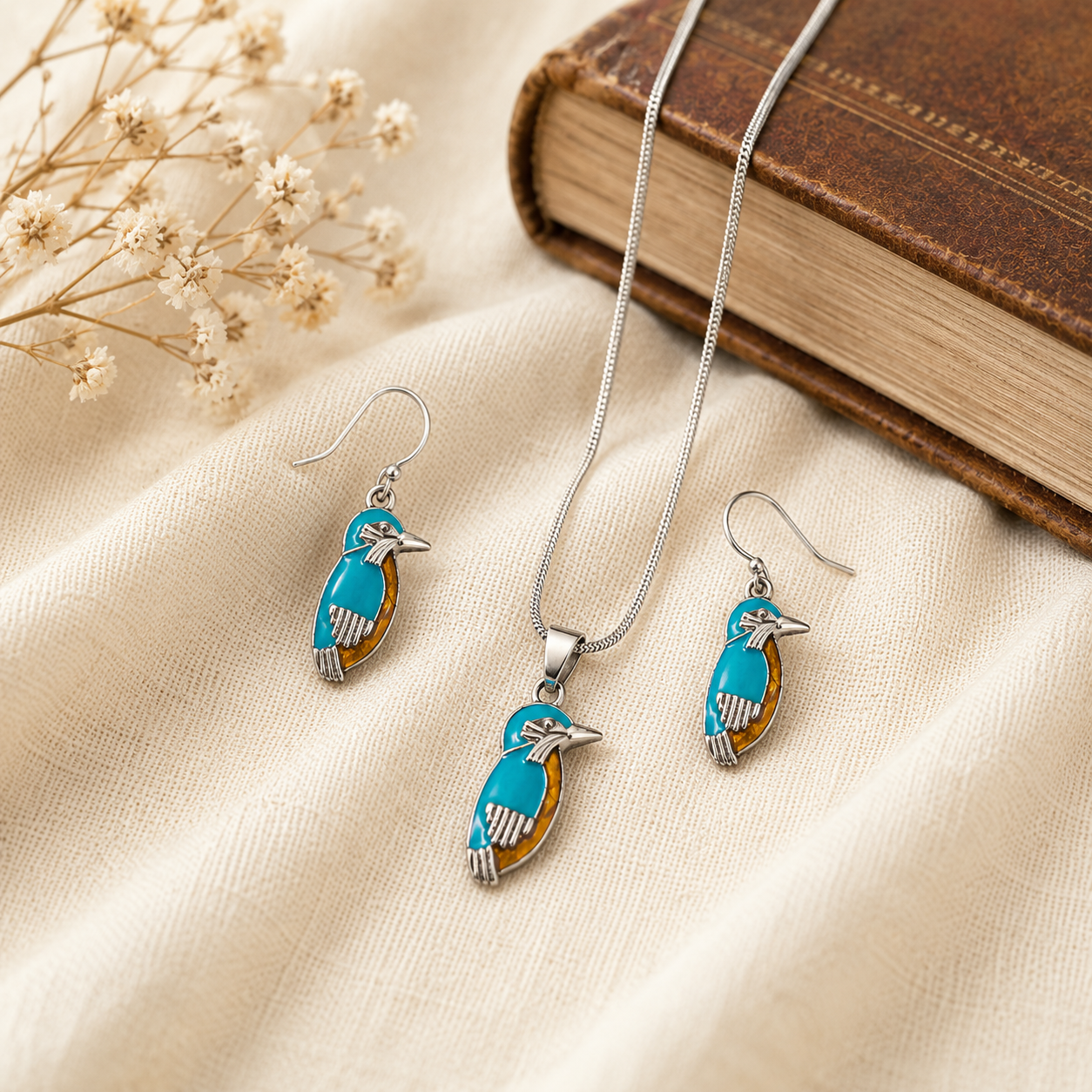 Turquoise Kingfisher Jewelry Set Necklace and Earrings