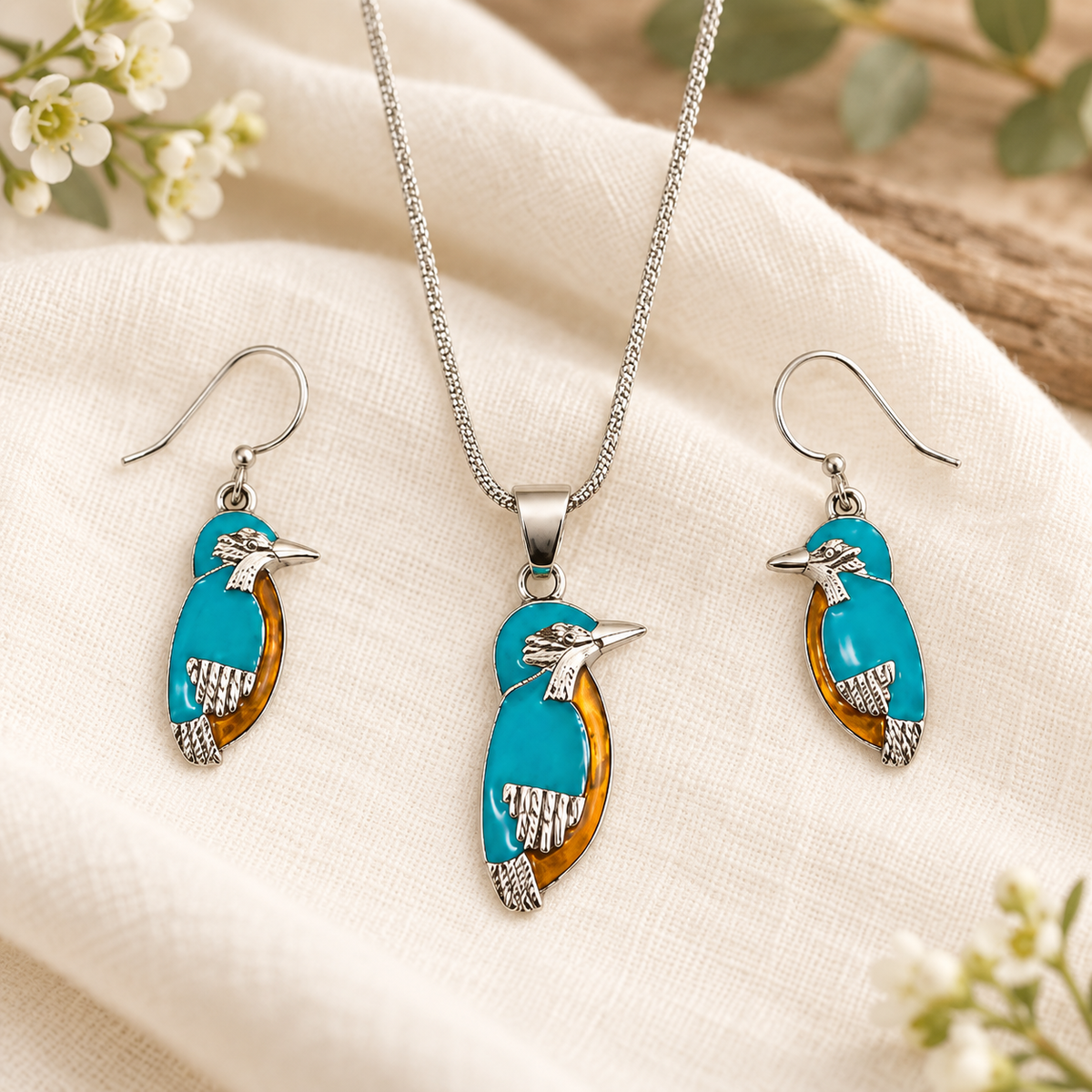 Kingfisher necklace and earrings displayed in a nature-inspired boutique setting