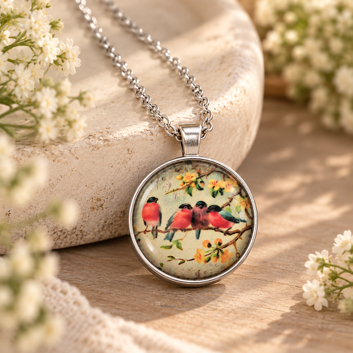image of a necklace with 4 red birds on a branch with yellow flowers laying on a wood table with flowers