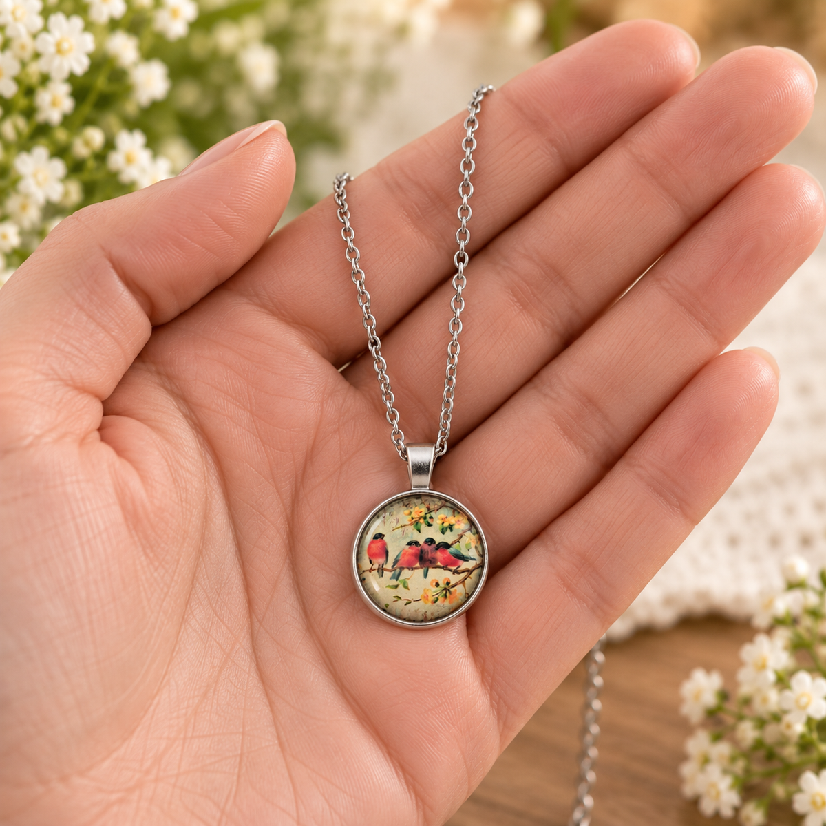 image of a necklace with 4 red birds on a branch with yellow flowers being held in a hand