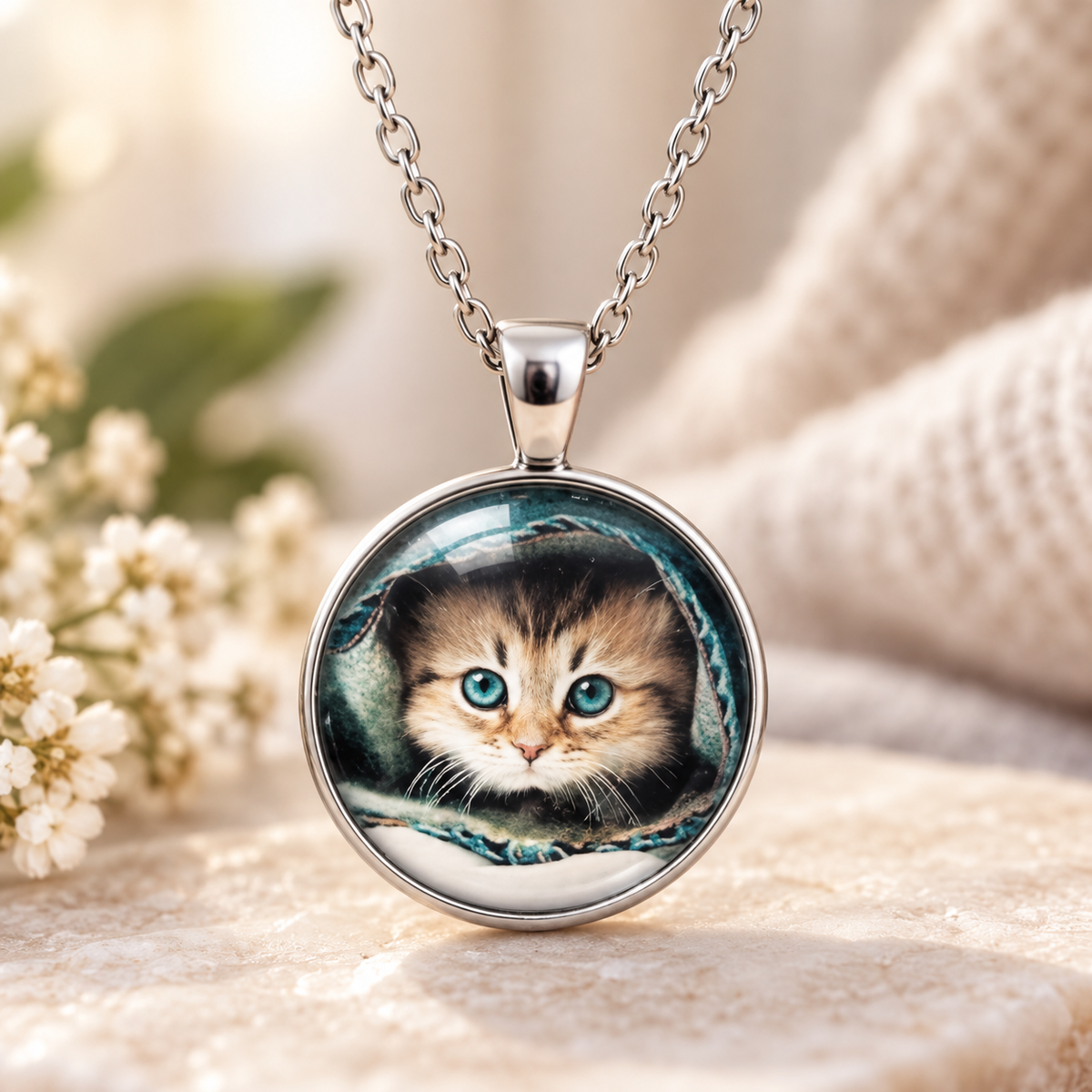 A silver round pendant necklace featuring a custom printed or painted kitten portrait with bright blue eyes, hanging on a silver chain against a soft, warm beige background with blurred white flowers.