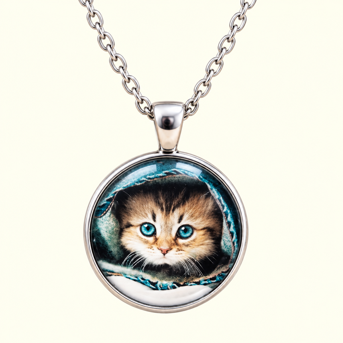A silver chain necklace with a round pendant featuring a printed or painted kitten peeking through a teal opening, shown on a plain light cream background.