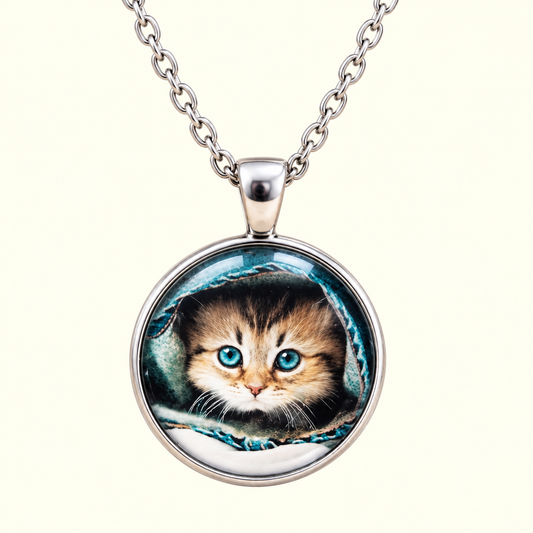 A silver chain necklace with a round pendant featuring a printed or painted kitten peeking through a teal opening, shown on a plain light cream background.