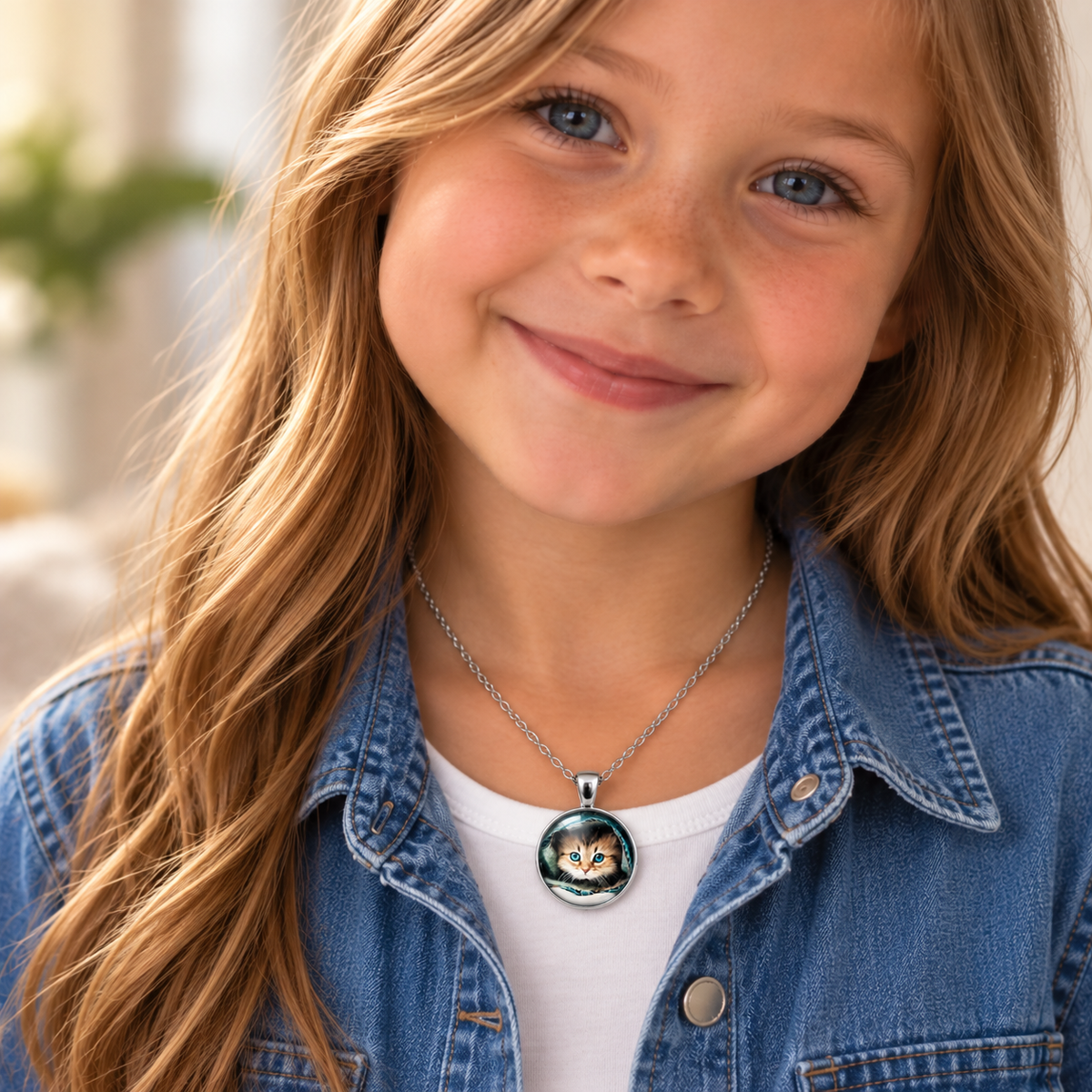 A young girl with long light brown hair smiling, wearing a silver chain necklace with a round pendant featuring a colorful cartoon cat design, styled with a white t-shirt and a blue denim jacket.