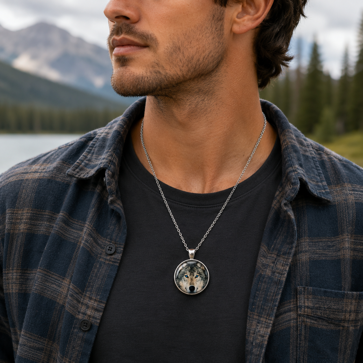 Blue Eyed Wolf Pendant Necklace