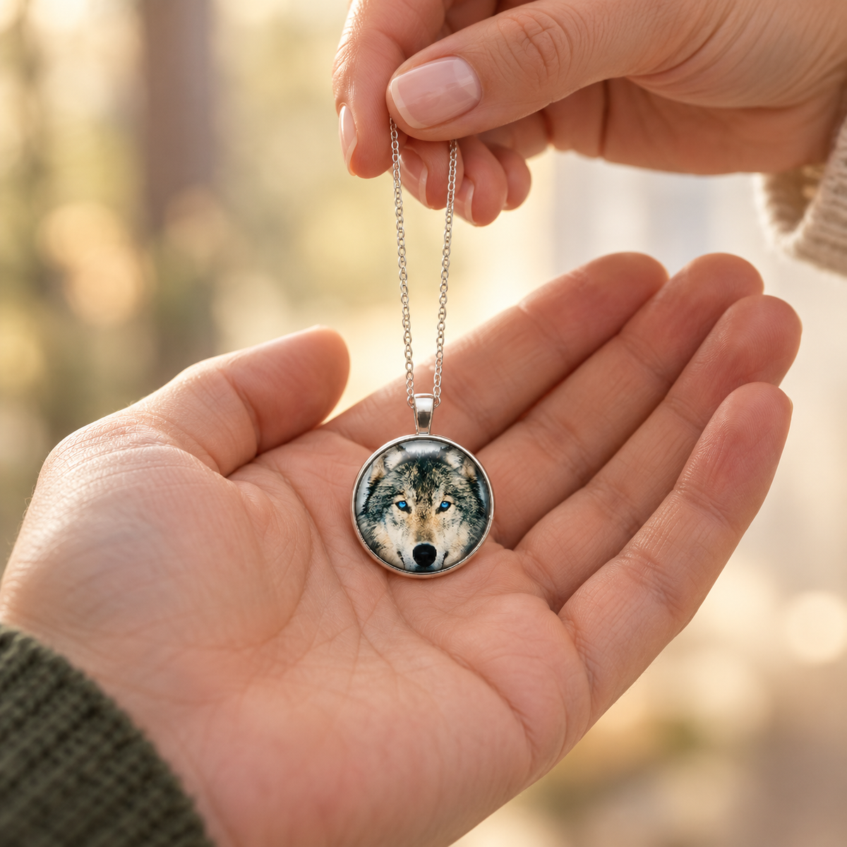 Round wolf necklace featuring a detailed gray wolf portrait with bright blue eyes
