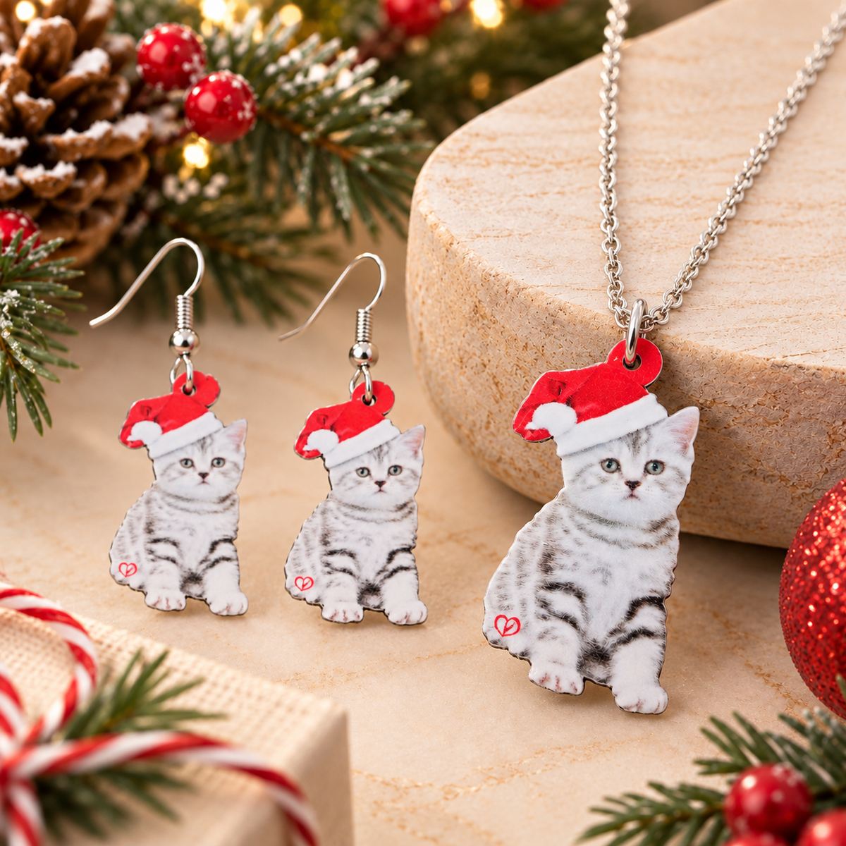 Christmas Cat Jewelry Set | Necklace and Earrings Gift for Cat Lovers