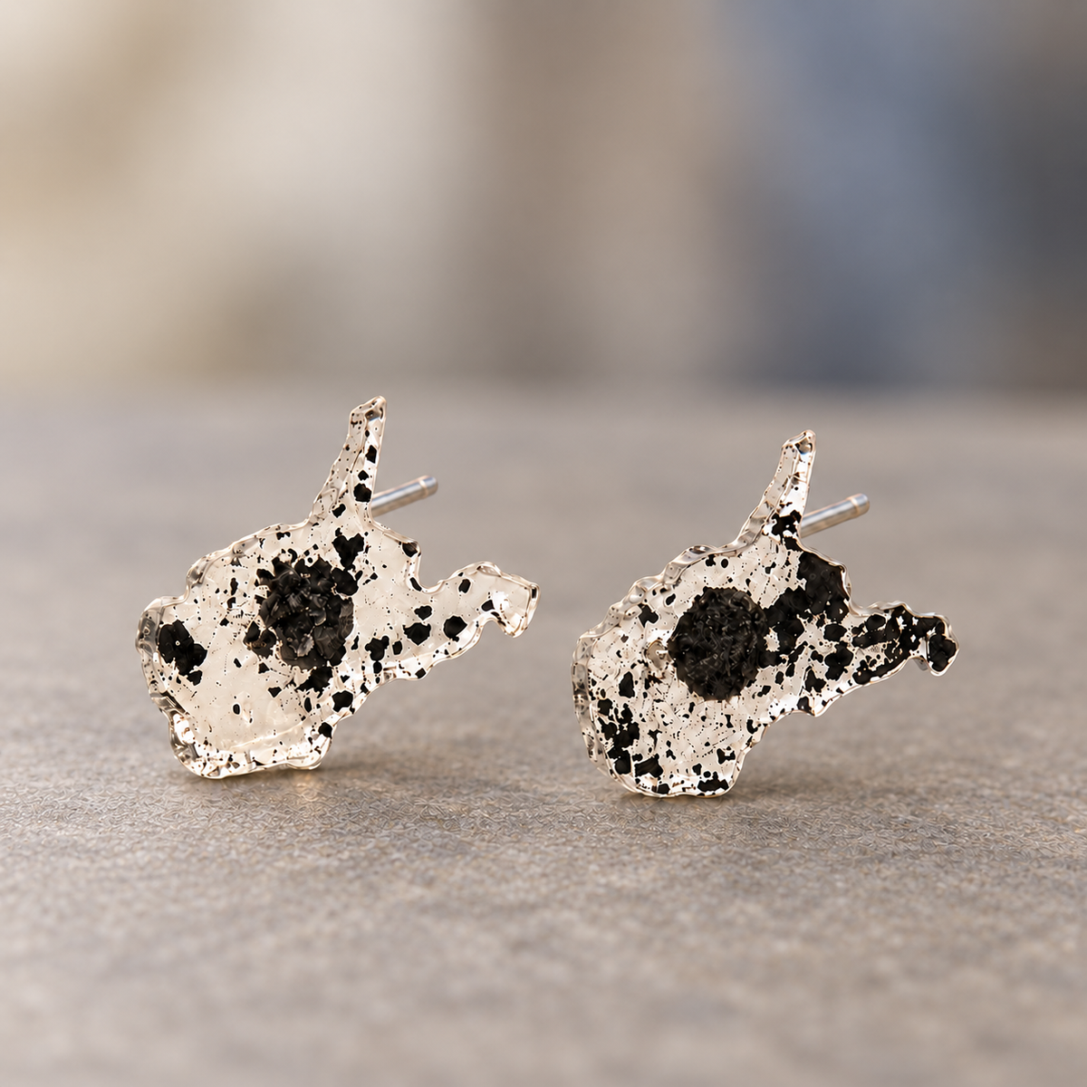 A pair of silver-toned stud earrings shaped like west virginia,resin earrings filled with coal
