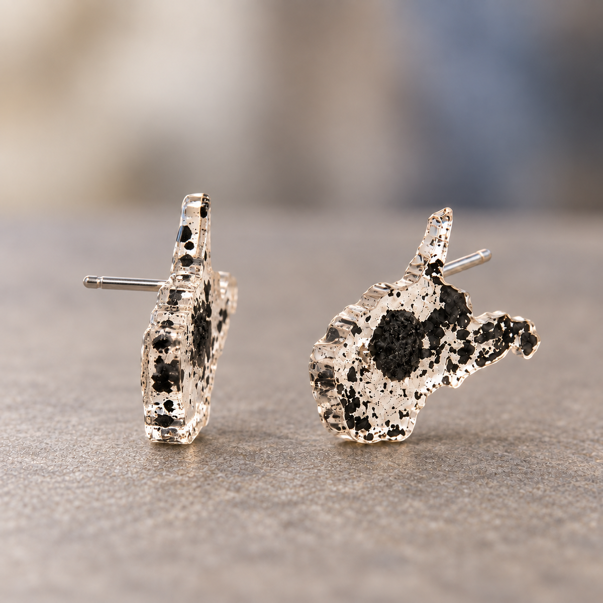 A pair of silver-toned stud earrings shaped like west virginia,resin earrings filled with genuine west virginia coal
