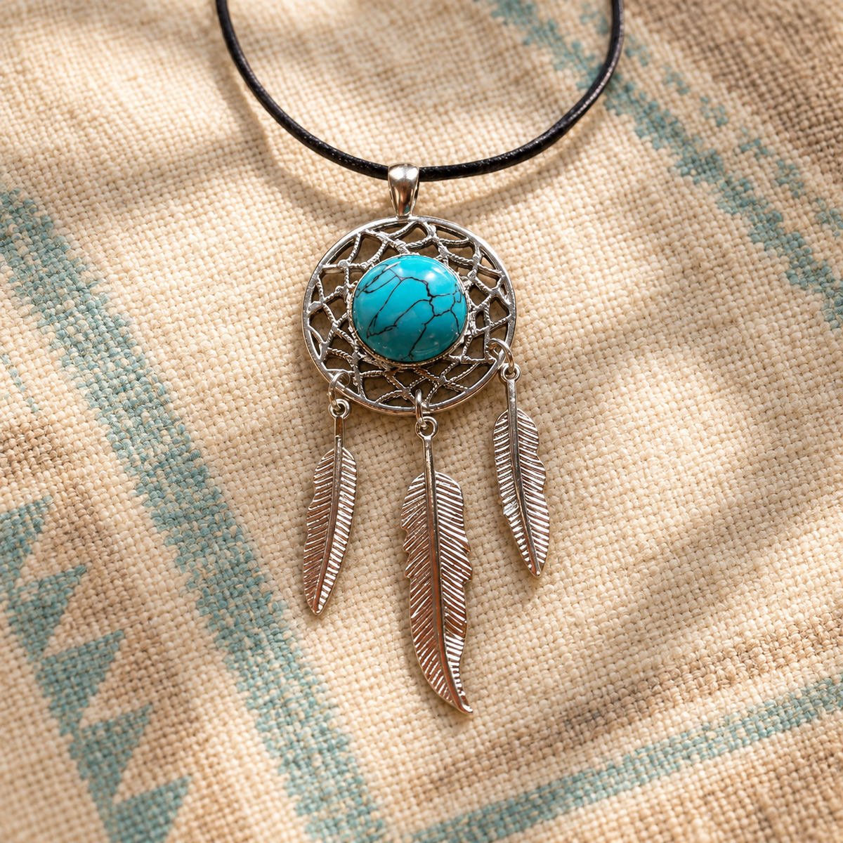 A dreamcatcher-style pendant necklace with a turquoise blue stone in the center, surrounded by an intricate silver web design and three dangling feather charms, shown on a beige woven textile background.