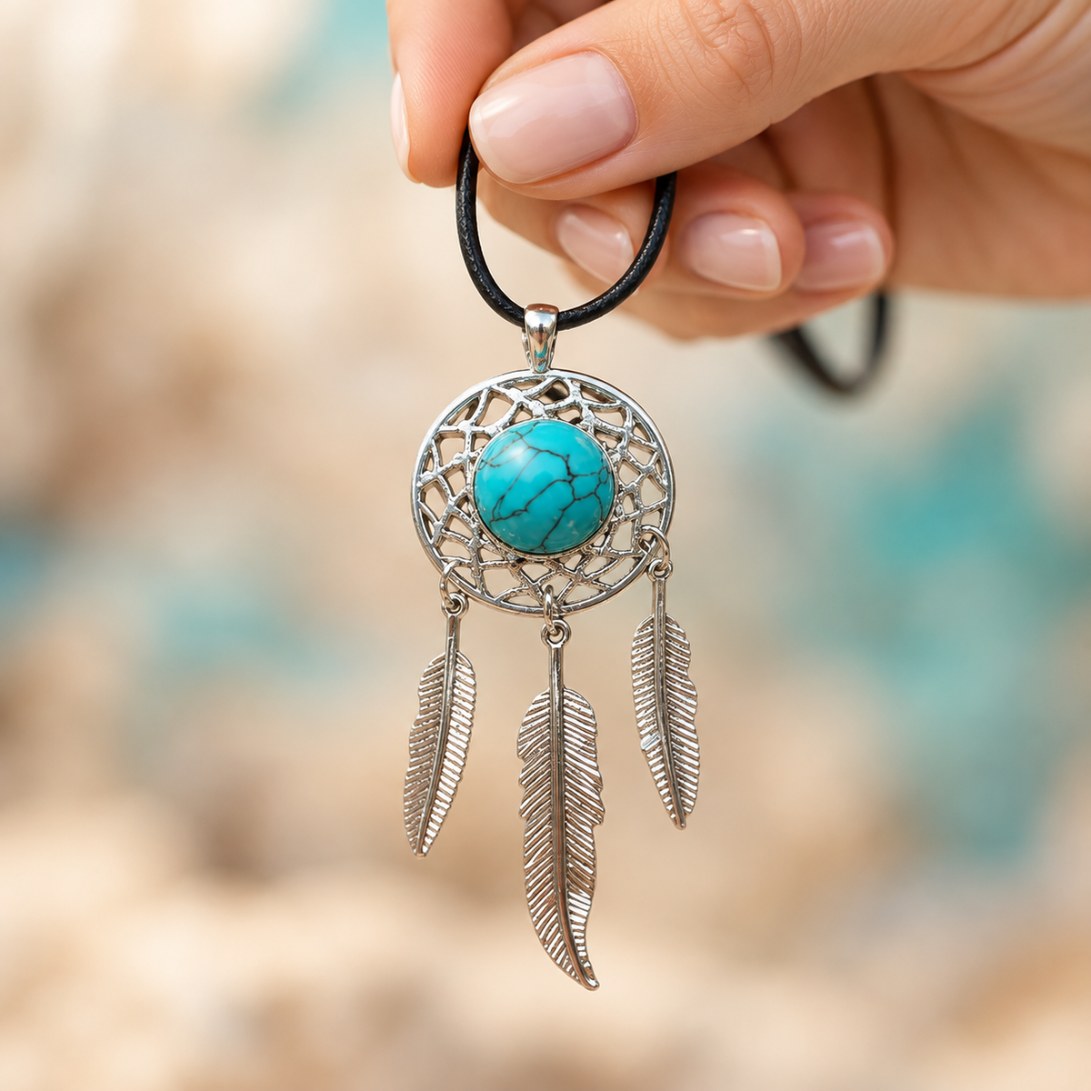 A close-up of a hand holding a dreamcatcher-style pendant necklace with a turquoise stone and silver feathers against a blurred outdoor background.