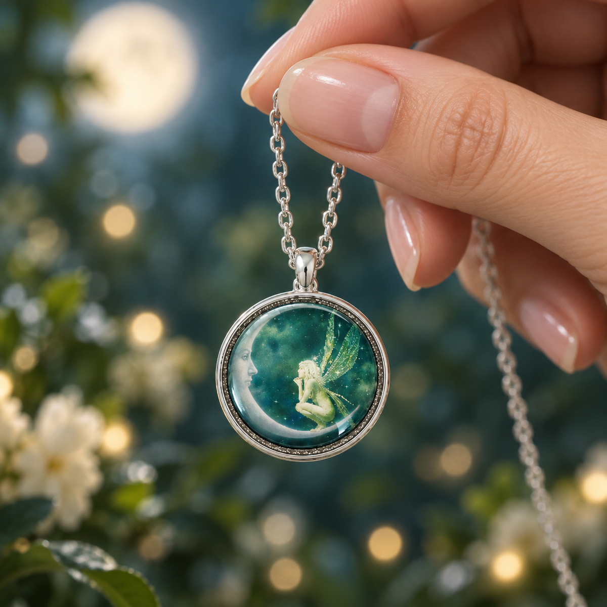 Whimsical moon fairy necklace featuring a delicate fairy resting on a crescent moon beneath a teal starry sky.