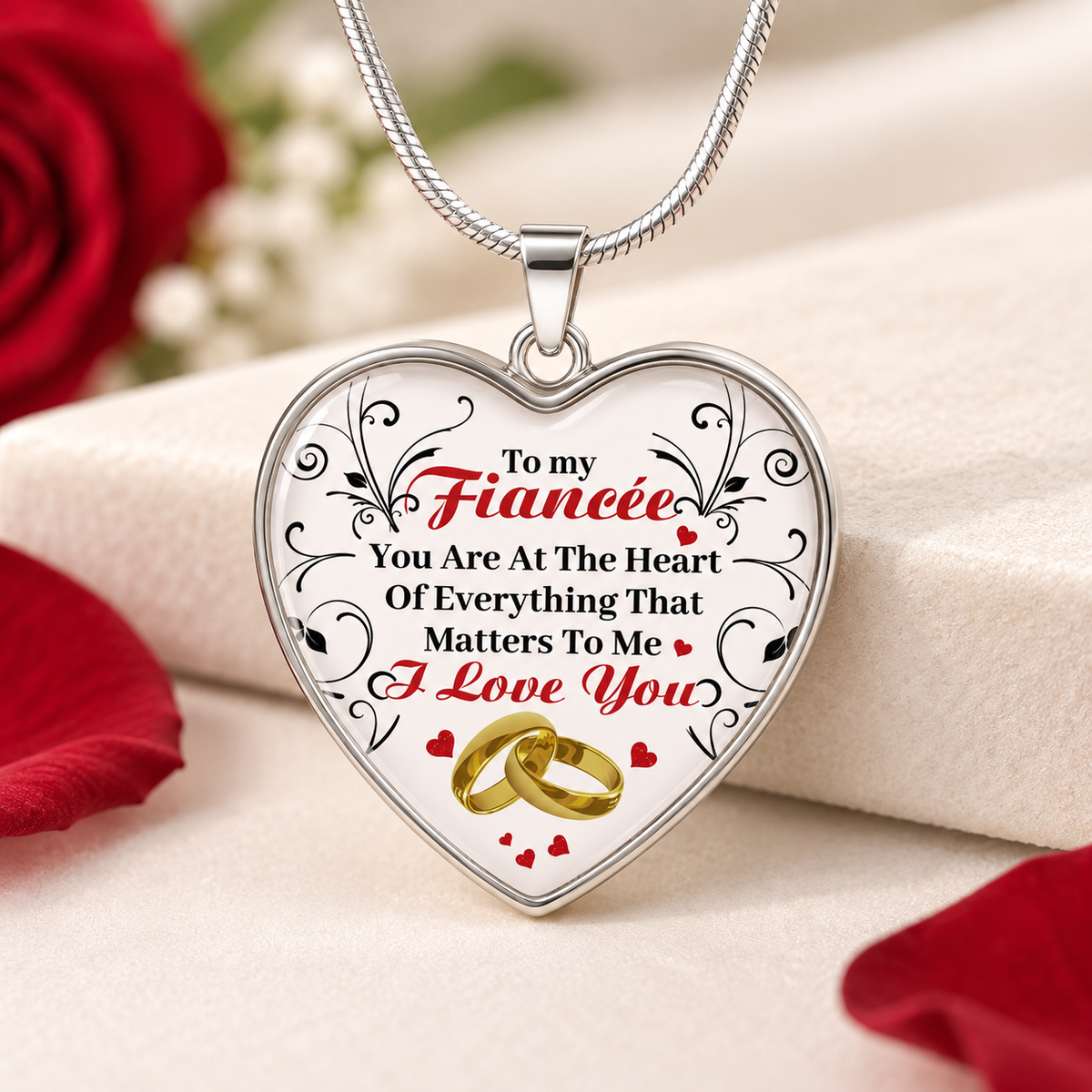 A heart-shaped pendant necklace with a silver-toned chain, featuring a printed romantic message for a fiancée in red and black text with gold wedding rings and small red hearts, styled on a cream fabric background with red rose petals.