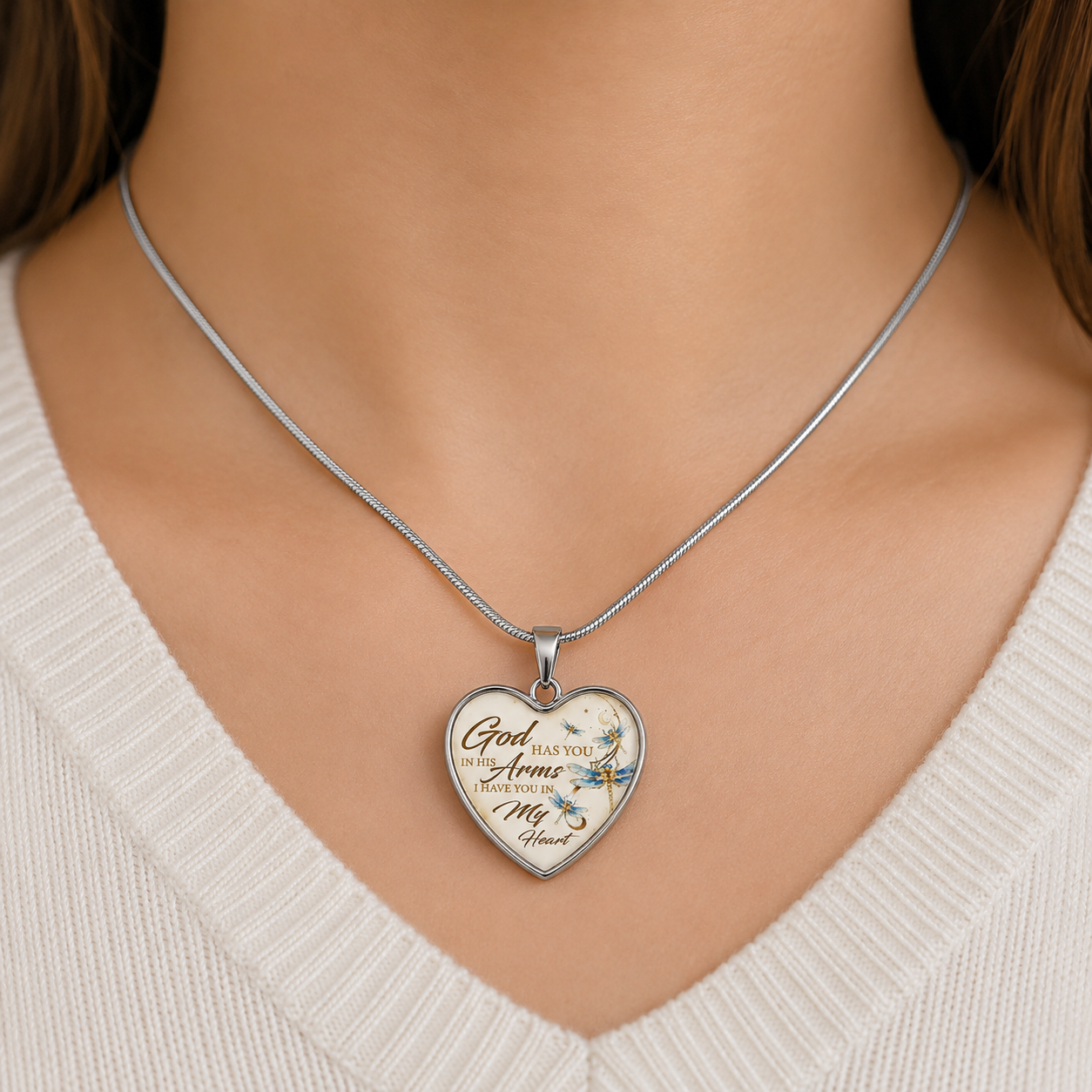 God Has You in His Arms Dragonfly Memorial Heart Necklace