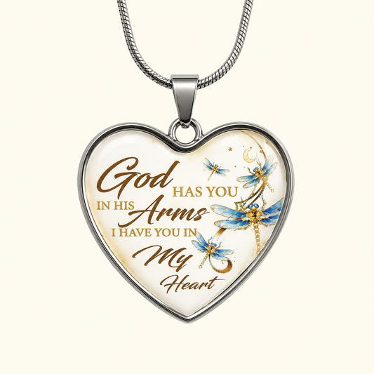 God Has You in His Arms Dragonfly Memorial Heart Necklace