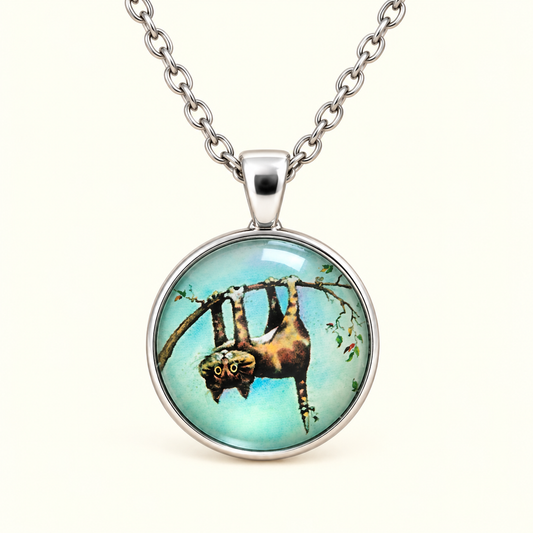 A silver chain necklace with a round pendant featuring a colorful illustration of a cat hanging upside down from a branch against a light blue background.