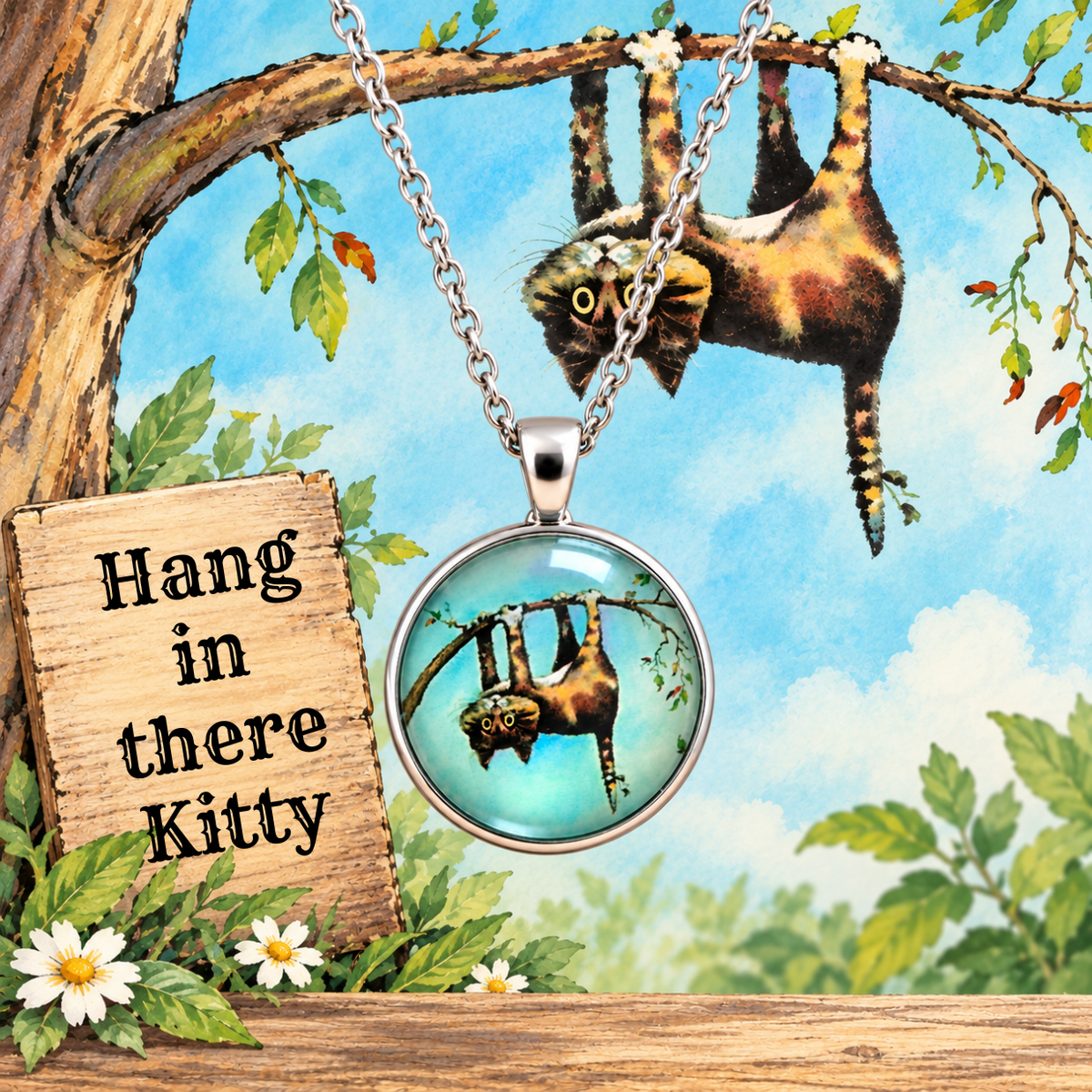 A round pendant necklace on a silver chain, featuring a printed illustration of a cat hanging from a tree branch against a blue sky. The pendant is displayed in a whimsical outdoor scene with a wooden sign reading 'Hang in there Kitty' and a real cat hanging from the tree in the background.