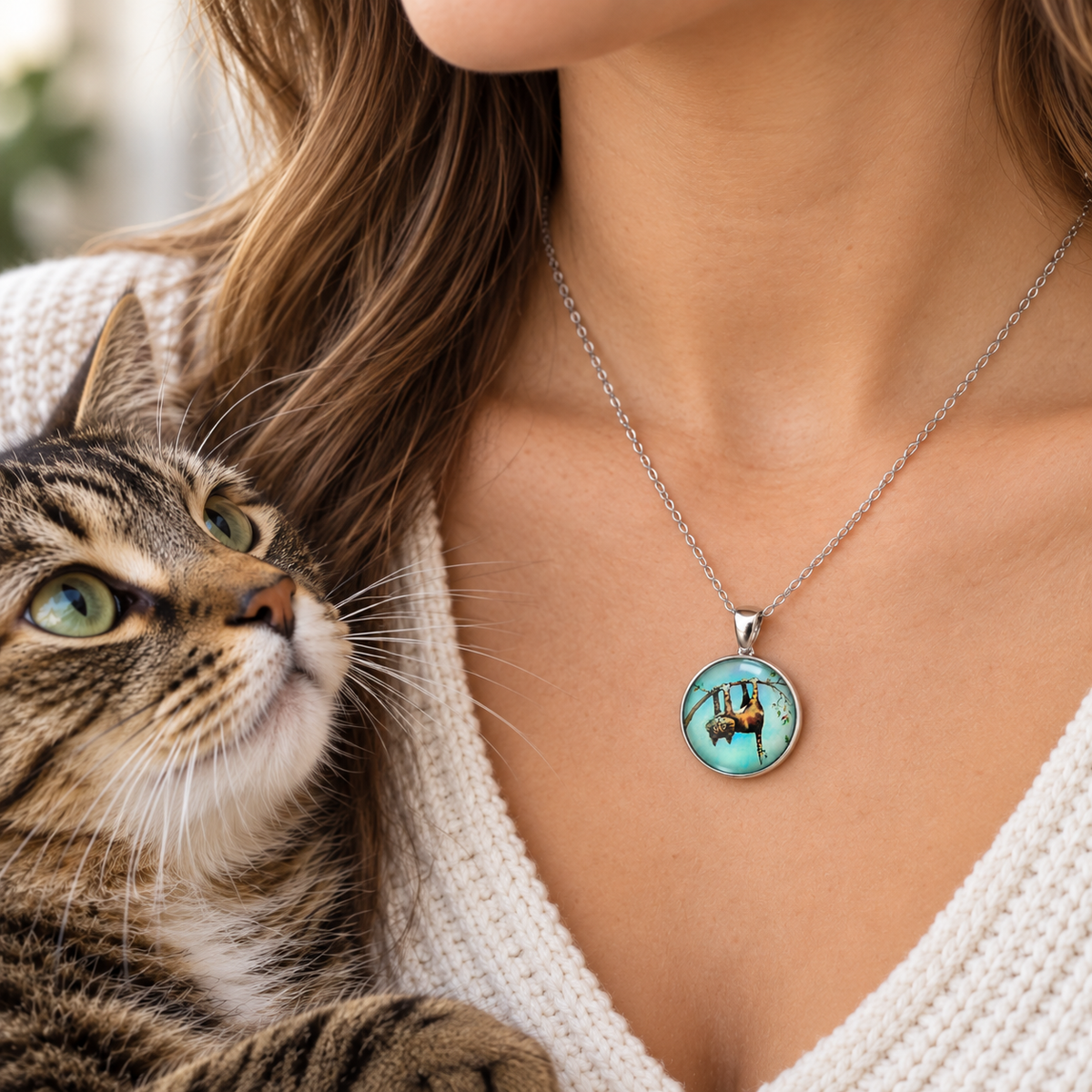 A silver chain necklace with a round pendant featuring a turquoise and brown illustration, worn by a woman holding a tabby cat. The pendant is shown in a close-up lifestyle shot.
