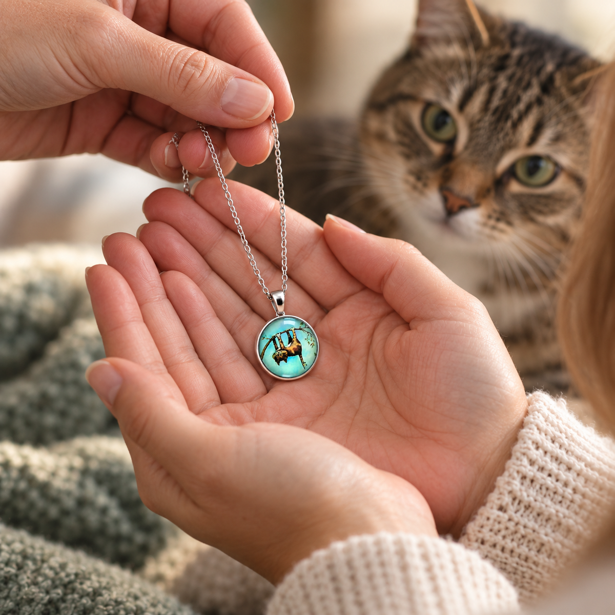 A silver chain necklace with a round pendant is held over two hands, with a tabby cat blurred in the background. The pendant features a turquoise blue background with a small illustrated figure.