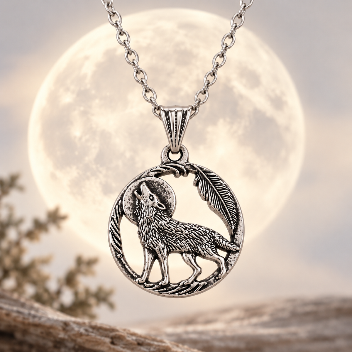 A silver-toned pendant necklace featuring a detailed wolf and full moon design, shown against a large glowing full moon background with blurred natural foreground elements.
