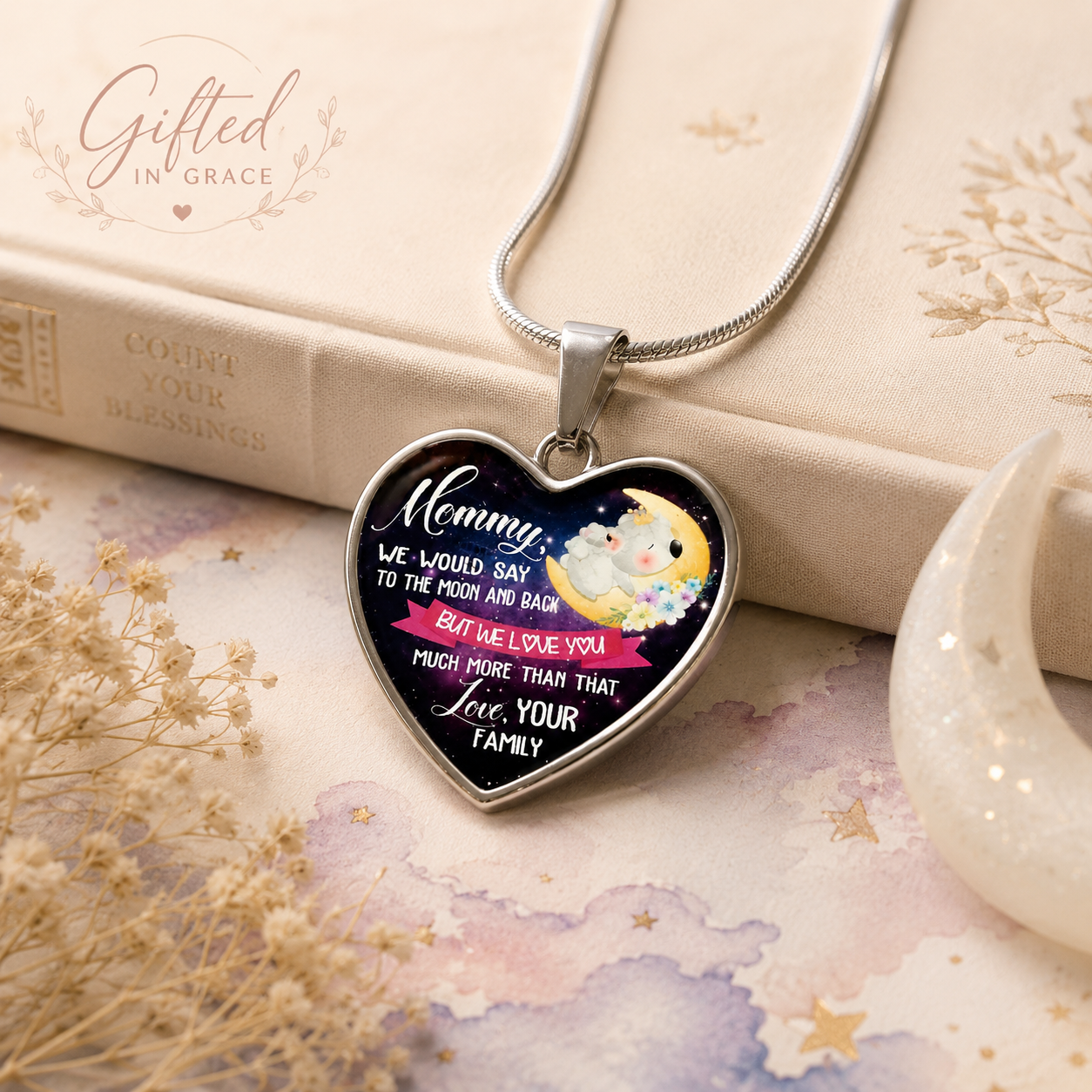 Mommy Moon and Back Heart Necklace – Family Love Gift