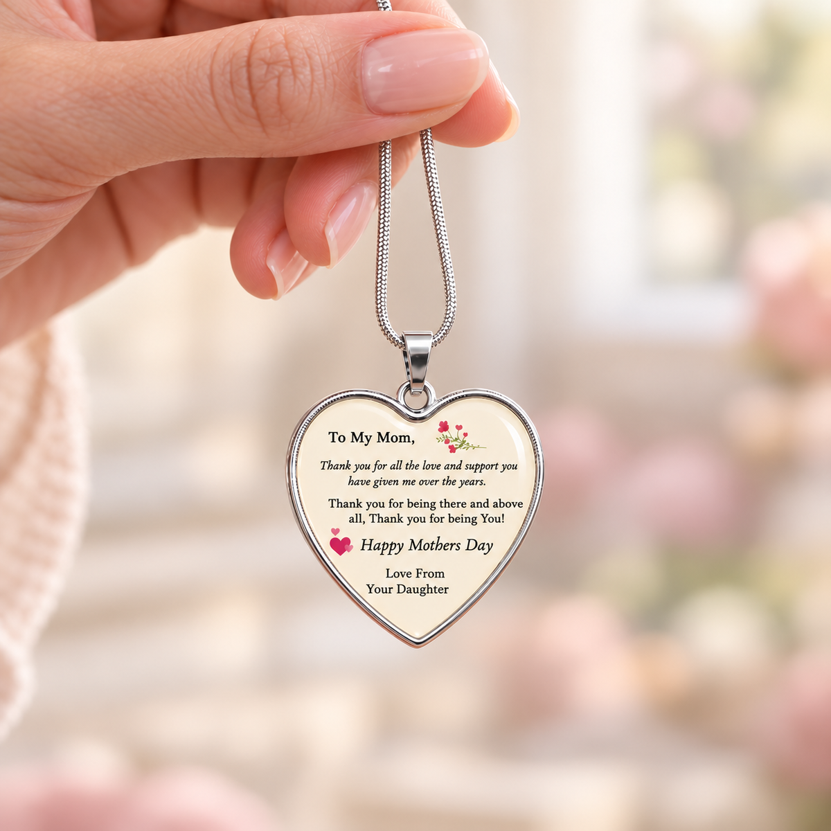 Daughter presenting a small silver Mother’s Day heart necklace above her mother’s open hand against a softly blurred ivory and blush background.