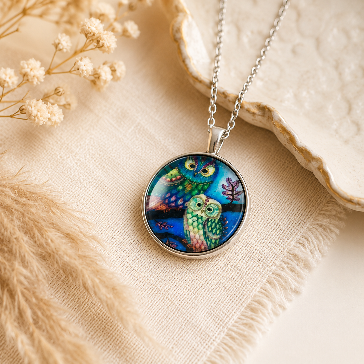 Colorful Owl Necklace – Whimsical Owl Pendant Nature Jewelry Gift