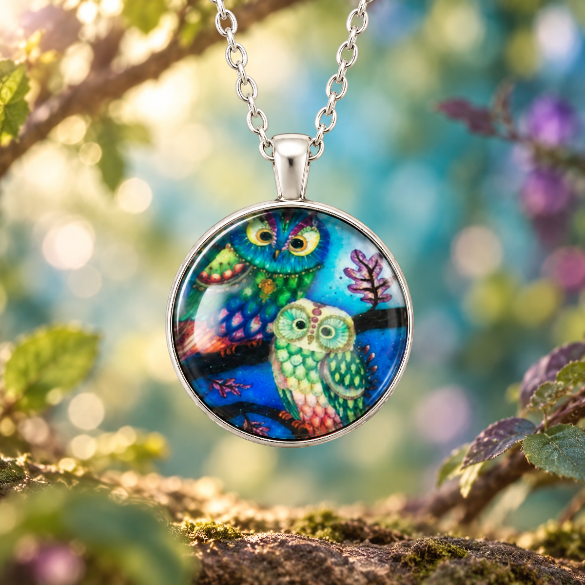 Round cabochon-style necklace featuring two colorful owls in turquoise, green, purple and blue
