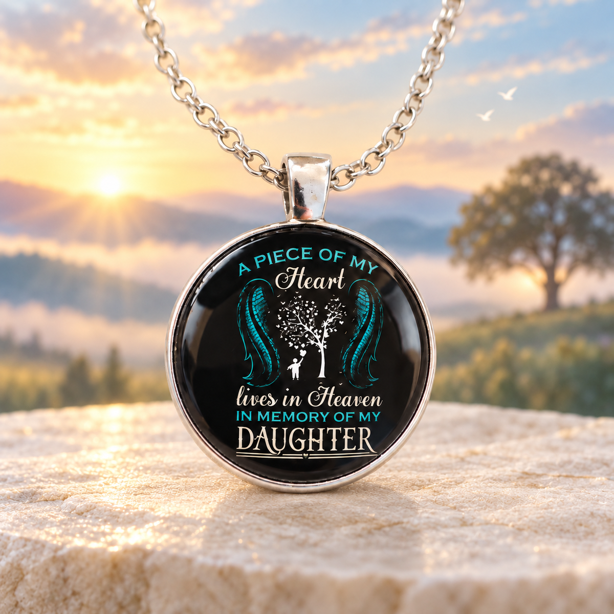 A Piece of My Heart Lives in Heaven memorial necklace with sunset design