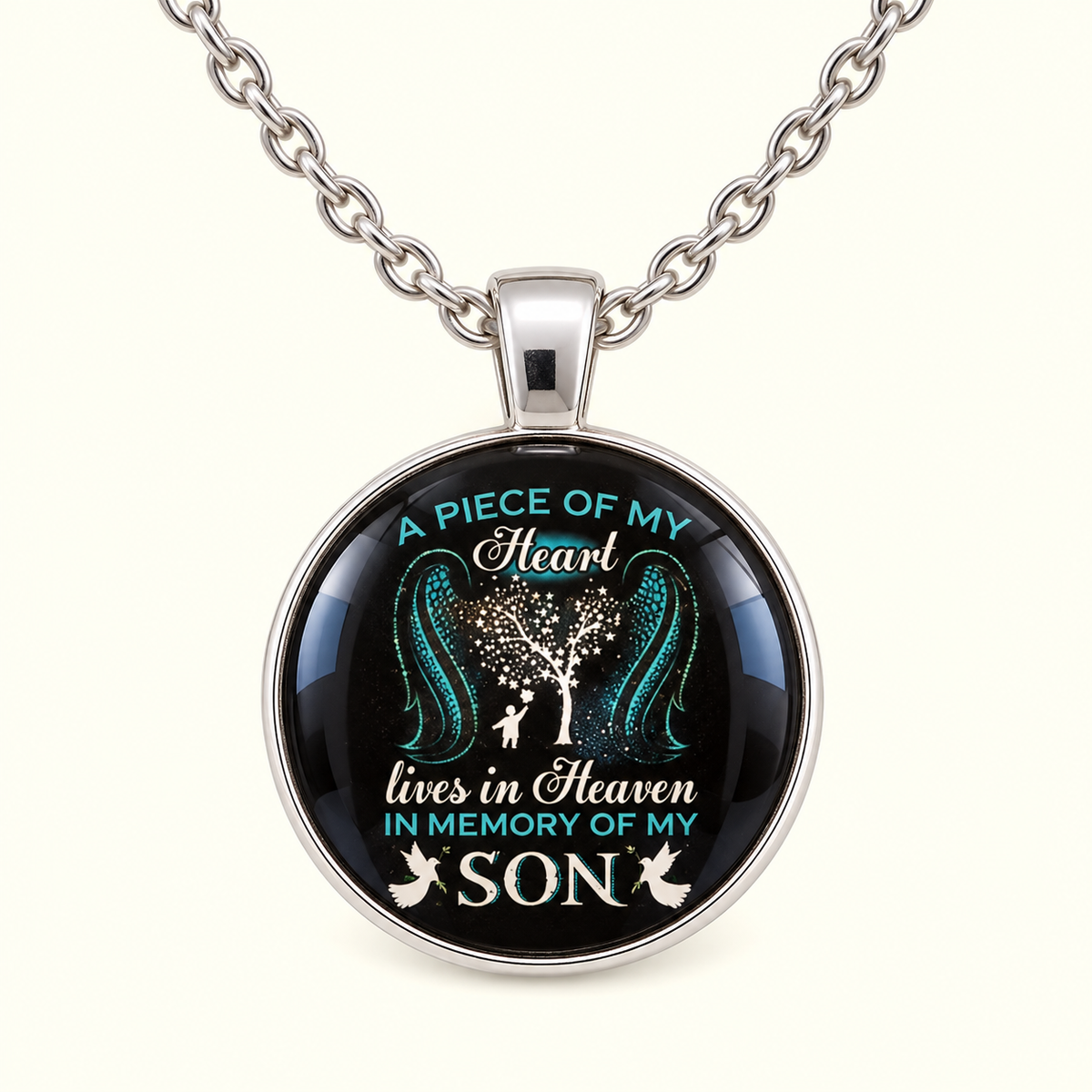 Memorial necklace honoring a son who lives in Heaven