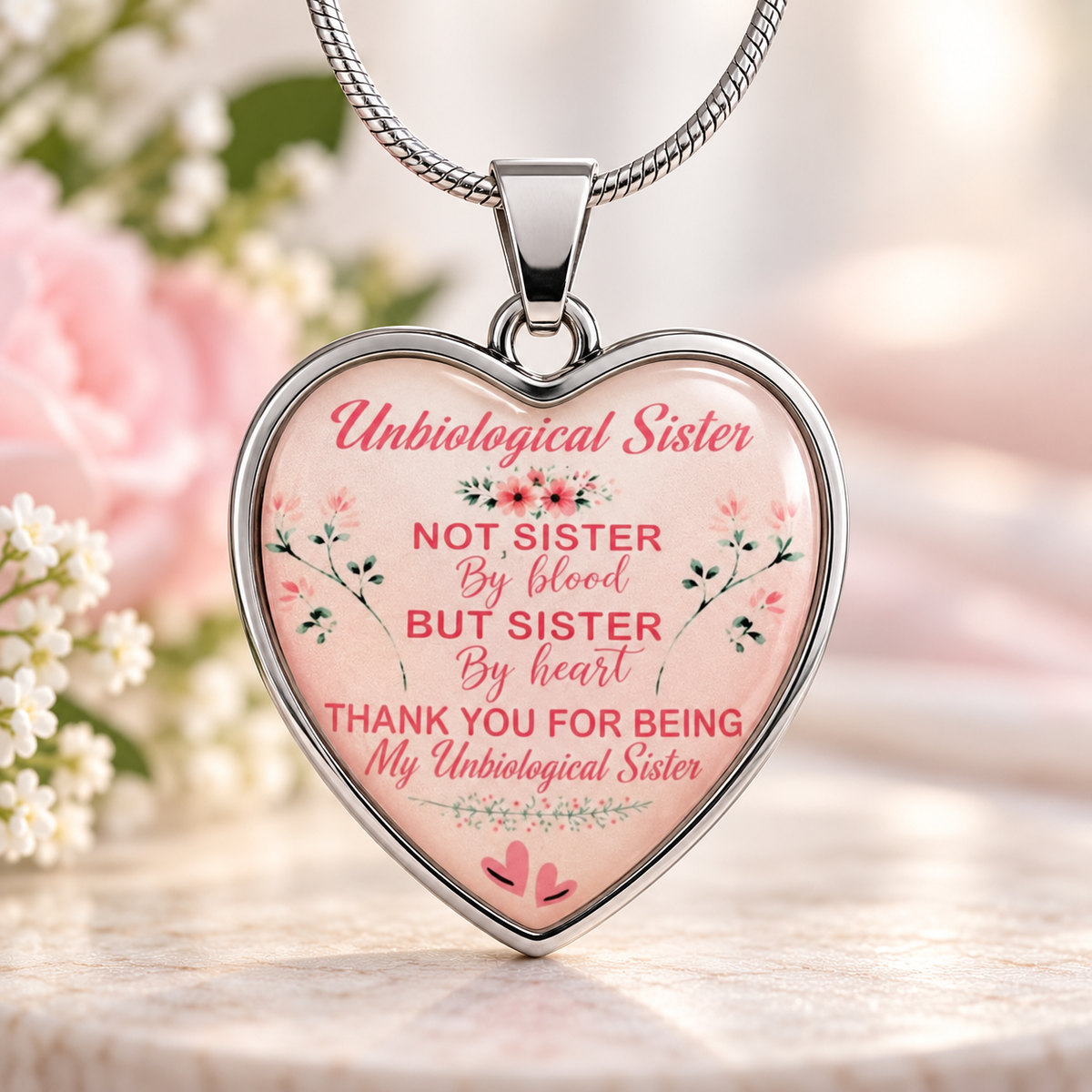 Heart-shaped pendant necklace with a silver-toned frame and chain, featuring a pink background with floral illustrations and the text 'Unbiological Sister NOT SISTER By blood BUT SISTER By heart THANK YOU FOR BEING My Unbiological Sister.' The pendant is shown against a softly blurred floral background.