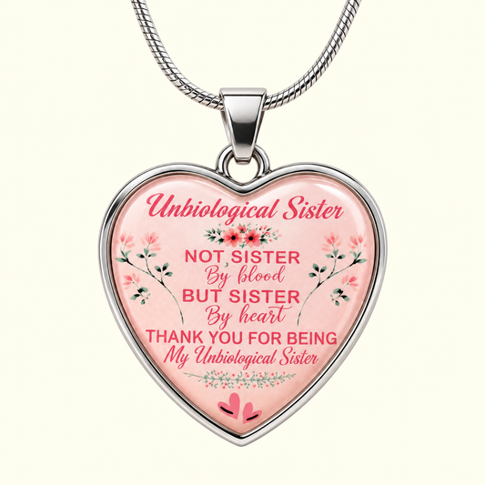 A heart-shaped pendant necklace with a silver-toned metal frame and chain, featuring a pink background with floral illustrations and the text 'Unbiological Sister NOT SISTER By blood BUT SISTER By heart THANK YOU FOR BEING My Unbiological Sister' on a light cream background.