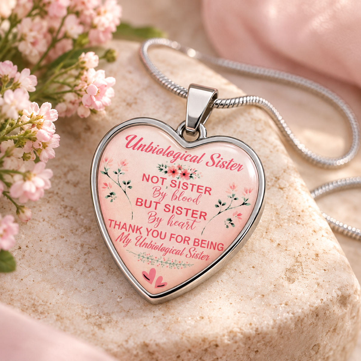 A heart-shaped pendant necklace with a silver border and a pink background, featuring the text 'Unbiological Sister NOT SISTER By blood BUT SISTER By heart THANK YOU FOR BEING My Unbiological Sister' with small floral illustrations. The necklace is displayed on a beige stone with pink flowers and soft pink fabric in the background.