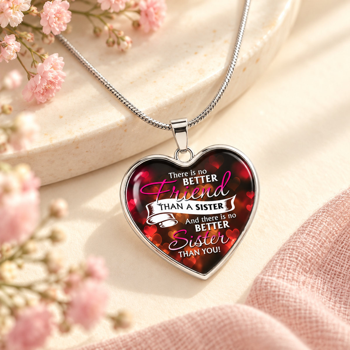 A heart-shaped pendant necklace with a silver-tone border and chain, featuring a red and black patterned background with white and pink text that reads, 'There is no BETTER Friend THAN A SISTER And there is no BETTER Sister THAN YOU!' The necklace is styled on a light beige surface with soft pink flowers and draped pink fabric.