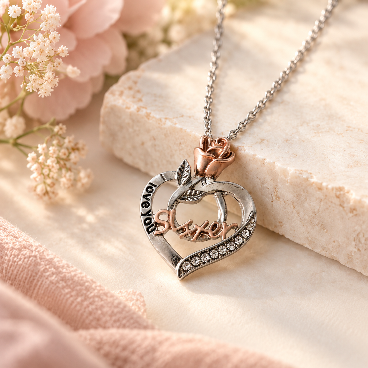 A silver and rose gold heart-shaped pendant necklace with a rose and the words 'Love you Sisters' engraved, resting on a light stone slab with soft pink flowers in the background.