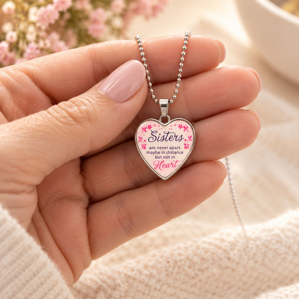 A hand holding a silver heart-shaped pendant necklace with a pink and white printed message that reads 'Sisters are never apart, maybe in distance but not in heart' on a soft beige background.