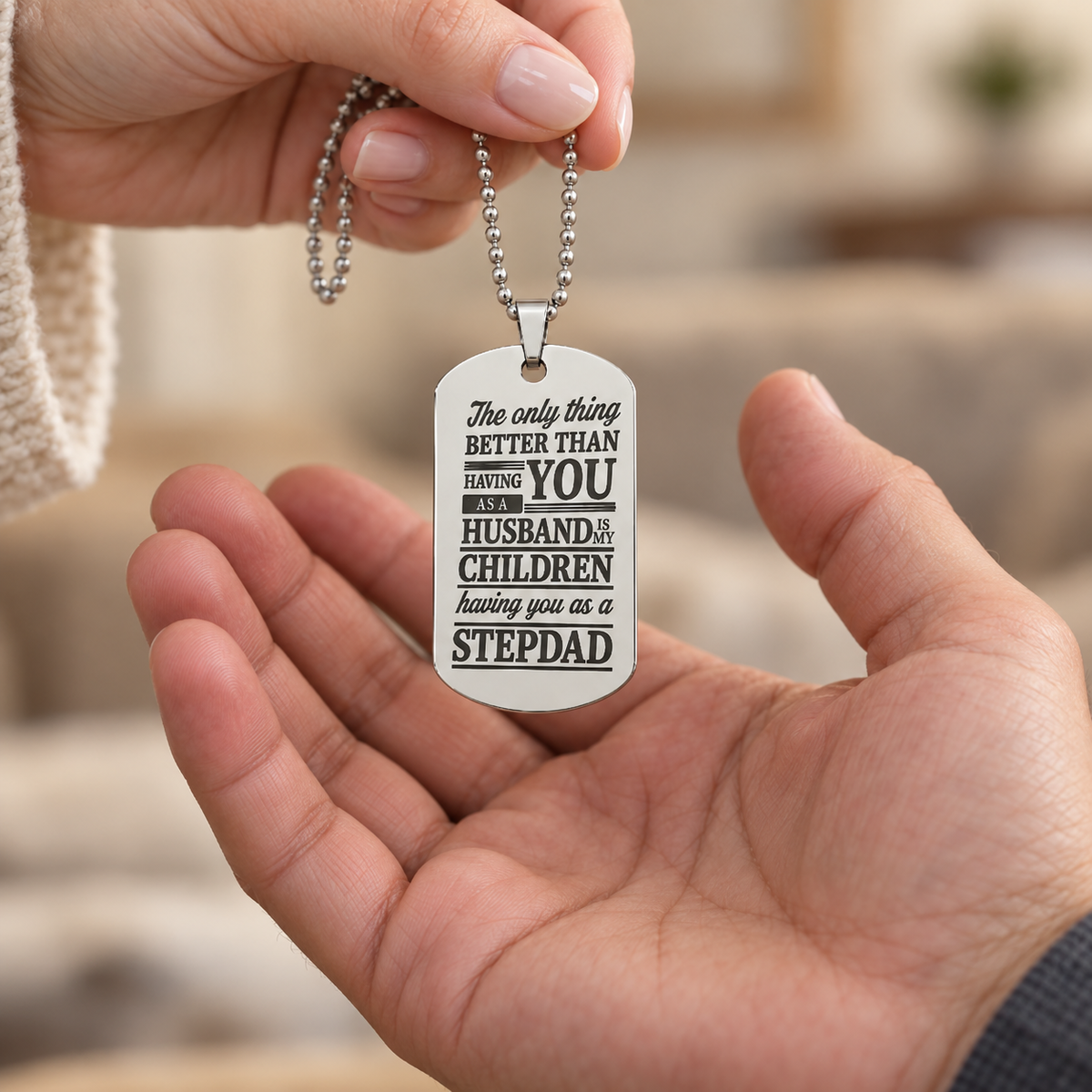 Silver-tone husband and stepdad dog tag necklace on a ball chain with a loving family message.