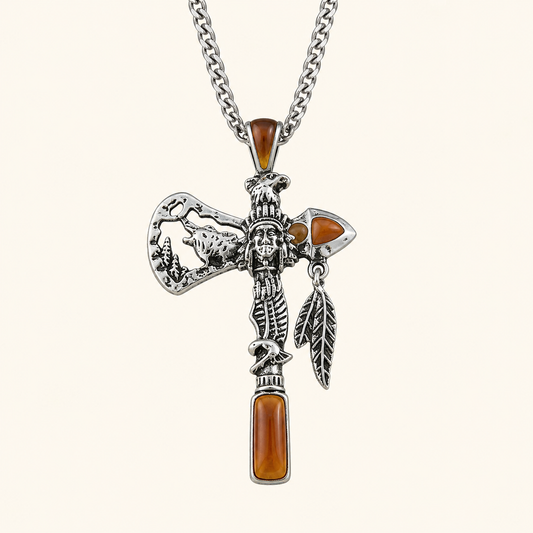 Western Spirit Axe Necklace - Silver Feather Pendant