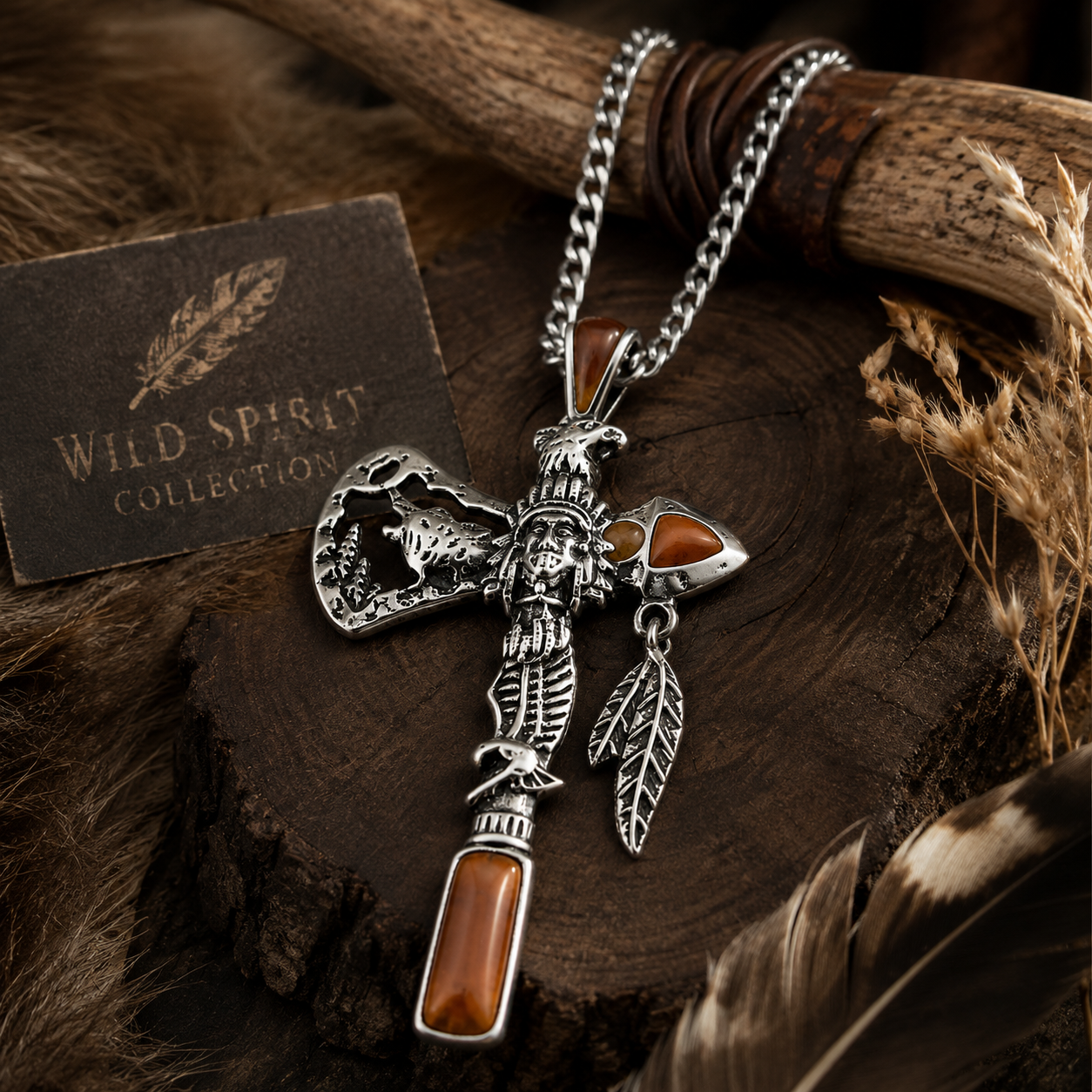 Western Spirit Axe Necklace - Silver Feather Pendant
