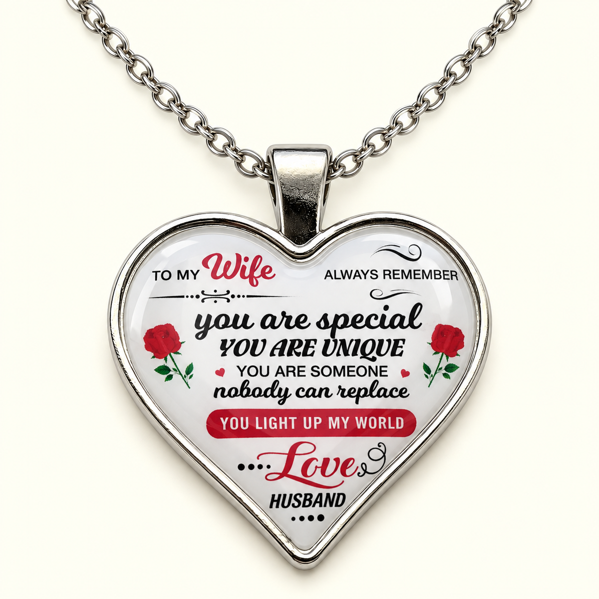 Wife necklace from husband with red roses and you light up my world message