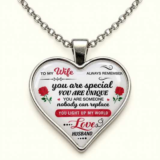 Wife necklace from husband with red roses and you light up my world message
