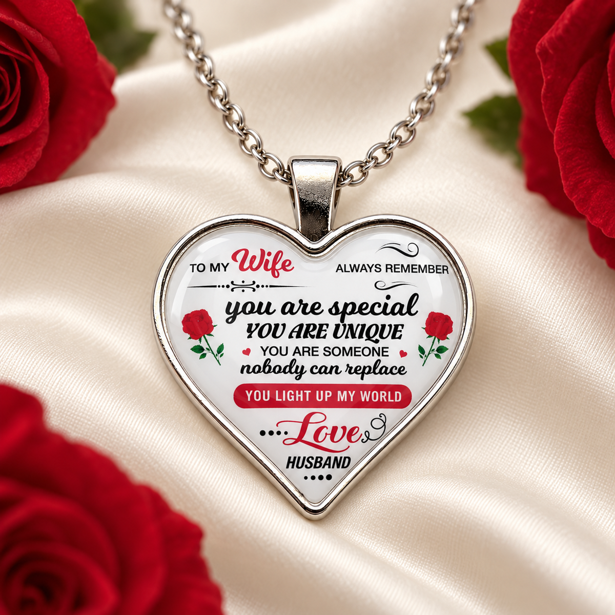Romantic heart necklace for wife displayed in a soft boutique setting