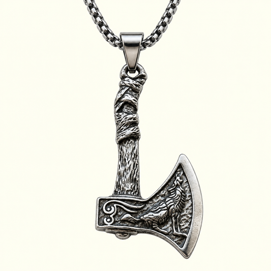 Detailed axe-shaped necklace featuring a raised howling wolf design and textured handle
