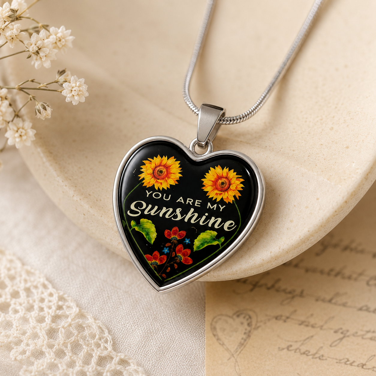 You Are My Sunshine Heart Necklace – Sunflower Gift
